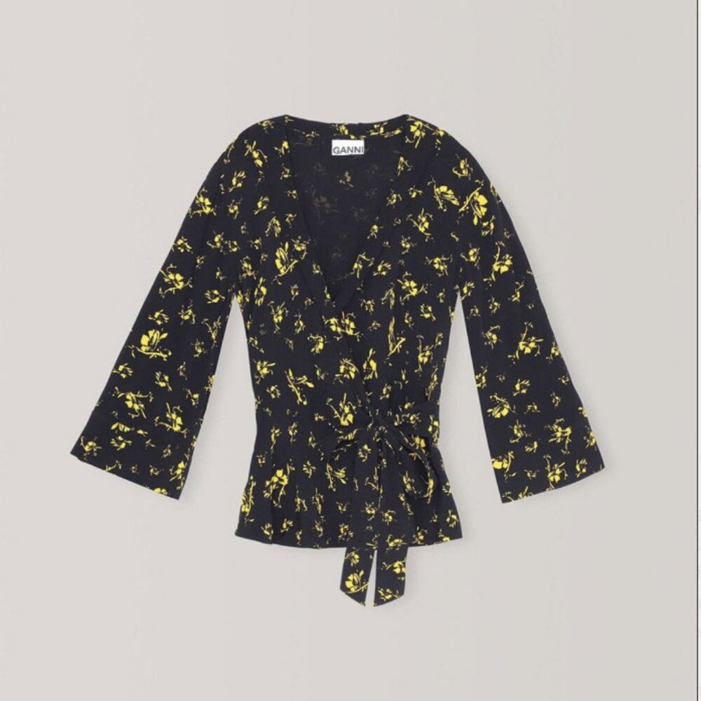 GANNI Floral Crepe Wrap Blouse - Size 38